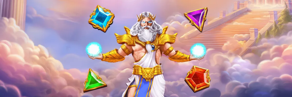 Gates of Olympus Super Scatter Ancient Greek god Zeus with glowing orbs and colorful gems